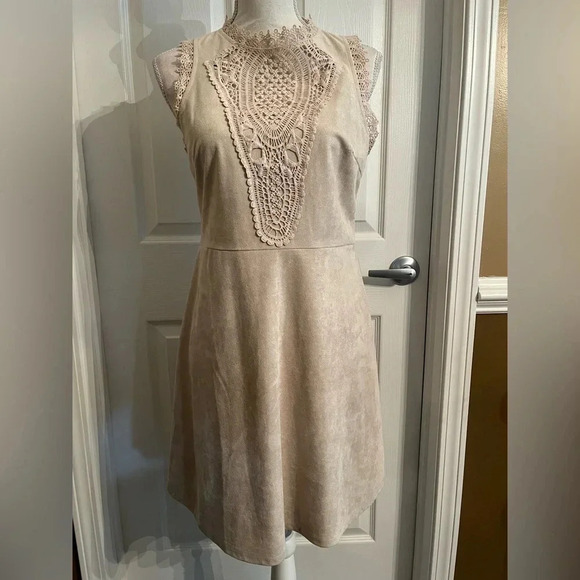 Altar’d State Beige suede Midi dress with embroidered style front size M. NWT - Picture 2 of 9